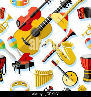 Digital vector yellow red music instruments icons with drawn simple line art info graphic, seamless pattern, presentation with guitar, piano, drums an Stock Vector