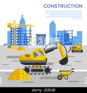 Digital vector yellow construction building tracks icons with drawn simple line art info graphic, presentation with crane, road, grout, excavator and  Stock Vector