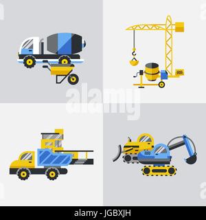 Digital vector yellow construction building tracks icons with drawn simple line art info graphic, presentation with crane, road, grout, excavator and  Stock Vector