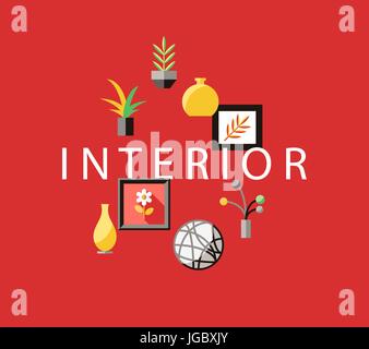Digital vector red furniture icons with drawn simple line art info graphic, presentation with vase, flower, picture, frame and interior elements aroun Stock Vector