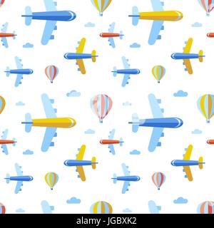 Digital vector blue red travel transport icons set with drawn simple line art info graphic, seamless pattern, presentation with balloon, plane and veh Stock Vector