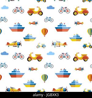 Digital vector blue red travel transport icons set with drawn simple line art info graphic, seamless pattern, presentation with boat, plane and vehicl Stock Vector