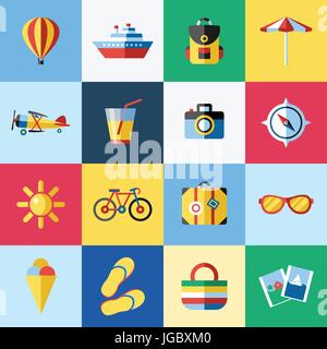 Digital vector blue red beach travel icons set with drawn simple line art info graphic, presentation with sun, slippers and sea vacation elements arou Stock Vector