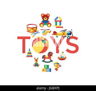 Digital vector blue yellow children toys icons with drawn simple line art info graphic, presentation with bear, plane and bunny elements around promo  Stock Vector