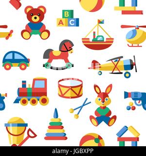 Digital vector blue yellow children toys icons with drawn simple line art info graphic, seamless pattern, presentation with bear, plane and bunny elem Stock Vector