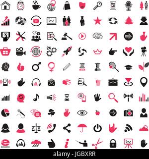 Digital vector red black 100 universal icon set mega pack, business, music, arts and science Stock Vector