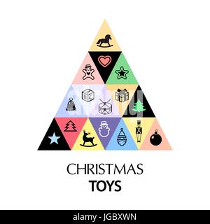 Digital vector white happy new year merry christmas icon with drawn simple line art, fir triangle tree concept and toy elements around promo template, Stock Vector