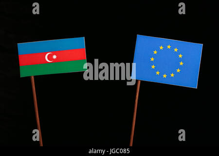 Azerbaijan flag with European Union (EU) flag isolated on black background Stock Photo