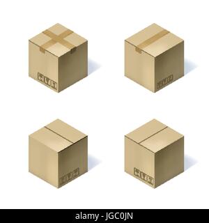 Set of four isometric cardboard boxes isolated on white. Stock Vector