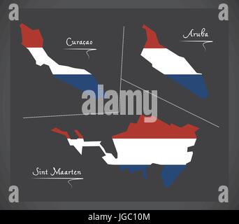 Curacao - Aruba - Sint Maarten Netherlands map with Dutch national flag illustration Stock Vector