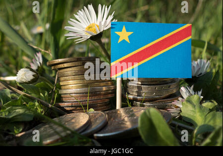 Democratic Republic of the Congo flag with stack of money coins with grass and flowers Stock Photo