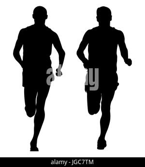 two male runners runnning together black silhouette Stock Photo
