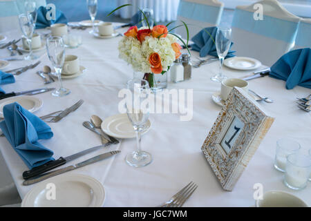 Formal wedding reception table setting Stock Photo