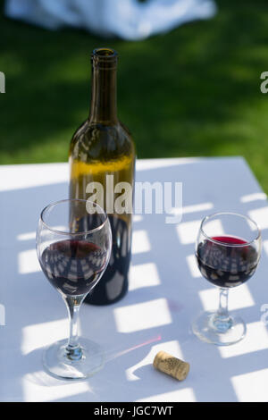 Red wine and bottle outdoors on a table Stock Photo