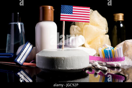 US flag in the soap with all the products for the people hygiene Stock Photo