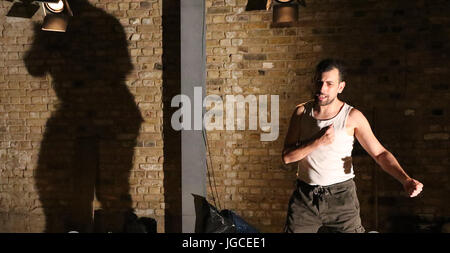 London, UK. 5th Jul, 2017. And Here I Am at Arcola - production photo call, Arcola Theatre, London UK, 05 July 2017, Photo by Richard Goldschmidt, And Here I Am is a new dark political comedy about retaining innocence in Palestine. Combining fact and fantasy, tragedy and comedy, spanning both the first and second Palestinian Intifadas. And Here I Am follows Ahmed Tobasi through his real life transformation from armed resistance fighter to artist; his journey from Palestine to seeking refuge in the West Bank to Norway, and then back again. Credit: Rich Gold/Alamy Live News Stock Photo
