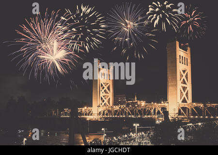 Tower Bridge fourth of July fireworks ceremony over the river in midtown Sacramento California's Capitol Stock Photo