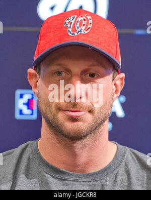 Washington, Us. 03rd July, 2017. All-Star Washington Nationals pitcher Max Scherzer poses for a photo prior to the game against the New York Mets at Nationals Park in Washington, DC on Monday, July 3, 2017. Credit: Ron Sachs/CNP (RESTRICTION: NO New York or New Jersey Newspapers or newspapers within a 75 mile radius of New York City) - NO WIRE SERVICE - Photo: Ron Sachs/Consolidated/dpa/Alamy Live News Stock Photo