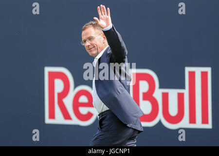 Leipzig, Germany. 6th July, 2017. Sports director Ralf Rangnick of Bundesliga soccer club RB Leipzig arrives at the first training session at the RB training center in Leipzig, Germany, 6 July 2017. Photo: Jan Woitas/dpa-Zentralbild/dpa/Alamy Live News Stock Photo