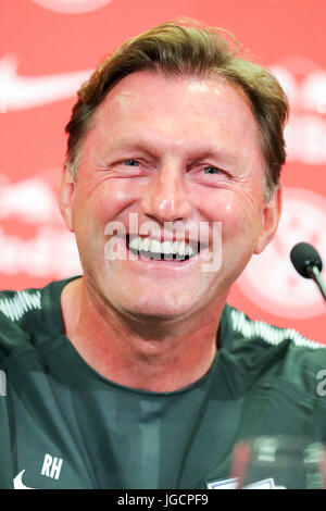 Leipzig, Germany. 6th July, 2017. Coach Ralph Hasenhuettl, photographed during a press conference on the occasion of the first training session of Bundesliga soccer club RB Leipzig at the RB training center in Leipzig, Germany, 6 July 2017. The 20-year-old former Paris St. Gemrain player from France was signed on for five years. Photo: Jan Woitas/dpa-Zentralbild/dpa/Alamy Live News Stock Photo