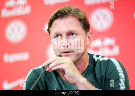 Leipzig, Germany. 6th July, 2017. Coach Ralph Hasenhuettl, photographed during a press conference on the occasion of the first training session of Bundesliga soccer club RB Leipzig at the RB training center in Leipzig, Germany, 6 July 2017. The 20-year-old former Paris St. Gemrain player from France was signed on for five years. Photo: Jan Woitas/dpa-Zentralbild/dpa/Alamy Live News Stock Photo