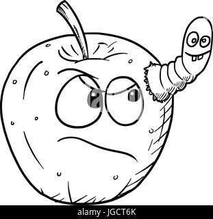 Vector cartoon of angry fruit apple infected by cute crazy worm insect Stock Vector