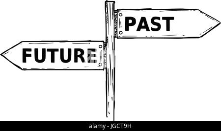 Vector cartoon doodle hand drawn crossroad wooden direction sign with two arrows pointing  left and right as past or future decision guide Stock Vector