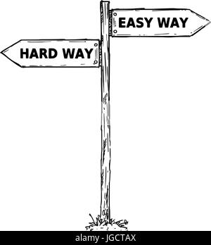 Vector cartoon doodle hand drawn crossroad wooden direction sign with two arrows pointing  left and right as easy or hard ways decision guide Stock Vector