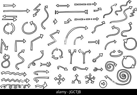 Set or collection of vector cartoon doodle hand drawn arrow symbols in black and white color Stock Vector
