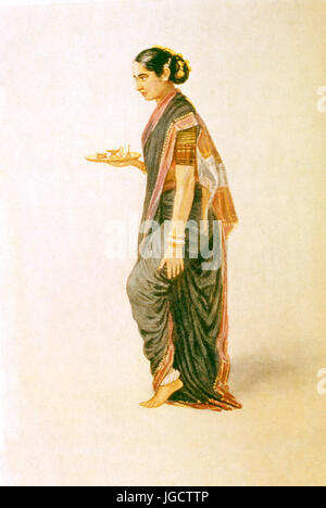 Old vintage painting of woman in saree with pooja thali, India, Asia Stock Photo