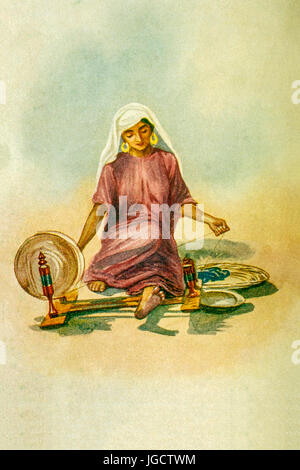 Old vintage painting of woman on charkha spinning wheel, India, Asia Stock Photo