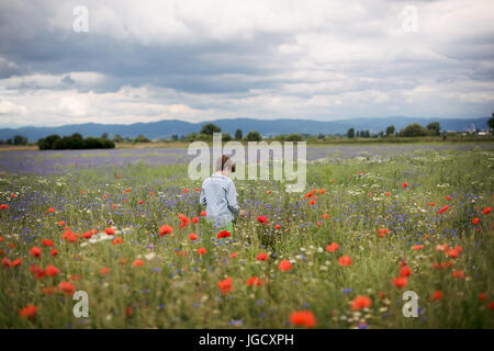 Boy standing in a field of wildflowers Stock Photo