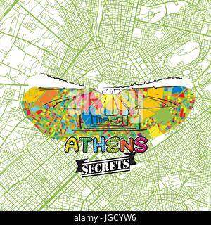 Athens Travel Secrets Art Map for mapping experts and travel guides. Handmade city logo, typo badge and hand drawn vector image on top are grouped and Stock Vector