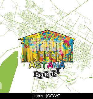 Astana Travel Secrets Art Map for mapping experts and travel guides. Handmade city logo, typo badge and hand drawn vector image on top are grouped and Stock Vector