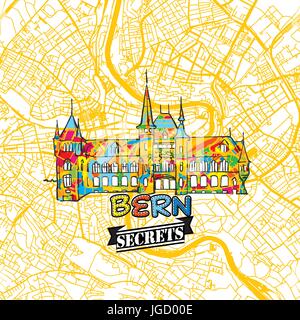 Bern Travel Secrets Art Map for mapping experts and travel guides. Handmade city logo, typo badge and hand drawn vector image on top are grouped and m Stock Vector