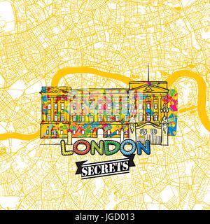 London Travel Secrets Art Map for mapping experts and travel guides. Handmade city logo, typo badge and hand drawn vector image on top are grouped and Stock Vector