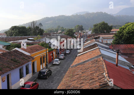 Street view from Top of Antigua Guatemala on May 2015. The historic city Antigua is UNESCO World Heritage Site Stock Photo