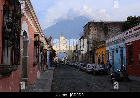 Street view of Antigua Guatemala on May 2015. The historic city Antigua is UNESCO World Heritage Site Stock Photo