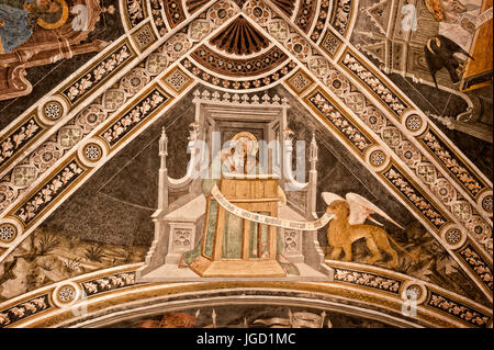 Italy Piedmont Buttigliera Alta Sant'Antonio di Ranverso  Precettoria -frescoes of the chapel used as a sacristy painting by Jaquerio The ceiling with represented the four evangelists Stock Photo