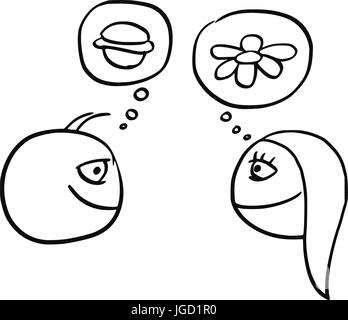 Cartoon vector of difference between man and woman thinking about hamburger burger food and daisy flower Stock Vector