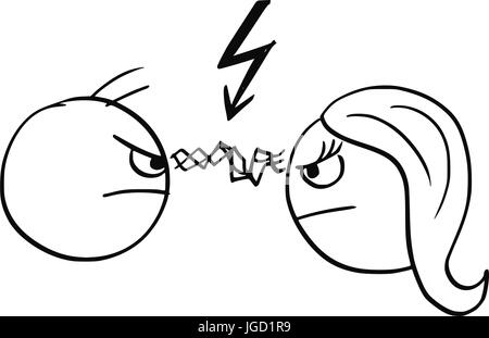 Cartoon vector of man and woman in quarrel fight with flash between their eyes and lightning bold symbol above their heads Stock Vector