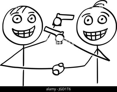 Cartoon vector of two men politicians businessmen smiling and shaking their hands and pointing guns at each other in same time. Stock Vector