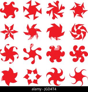 Set of abstract geometric red circular shapes. Symmetric center shapes. Ornament design elements. Vector illustration. Stock Vector
