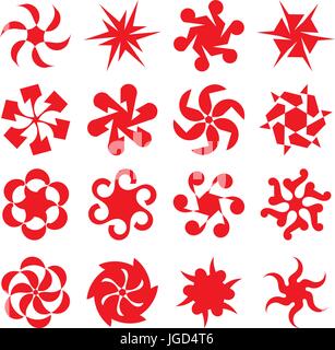 Set of abstract geometric red circular shapes. Symmetric center shapes. Ornament design elements. Vector illustration. Stock Vector