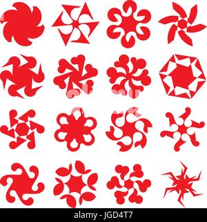 Set of abstract geometric red circular shapes. Symmetric center shapes. Ornament design elements. Vector illustration. Stock Vector
