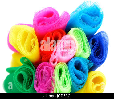 A set of rolls of colored  isolated on white background. Colorful fabric Stock Photo