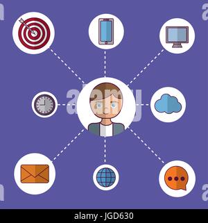 man with digital marketing related icons over purple background colorful design vector illustration Stock Vector