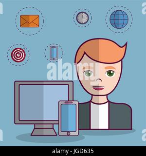 man with digital marketing related icons over background colorful design vector illustration Stock Vector