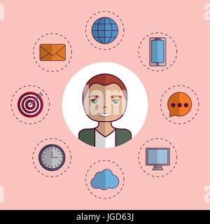 man with digital marketing related icons over pink background colorful design vector illustration Stock Vector