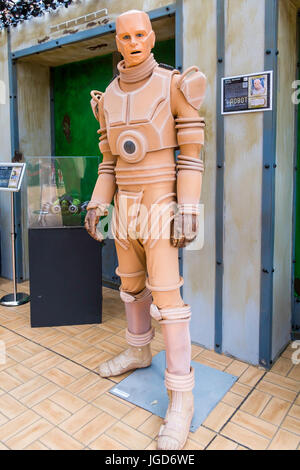 A Kryten costume worn by the actor Robert Llewellyn in the  BBC TV Series Red Dwarf at the Robot exhibition  at Kirkleatham Museum Redcar Cleveland  U Stock Photo